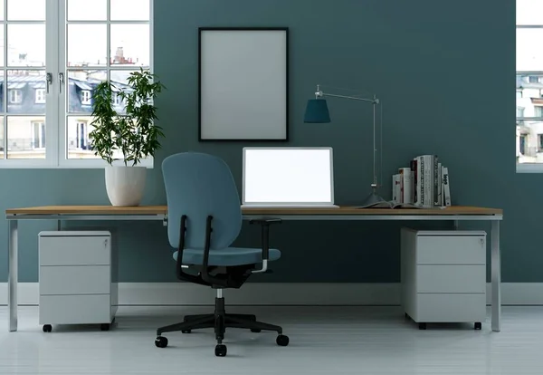 Modern mavi ev ofis iç tasarım 3d render