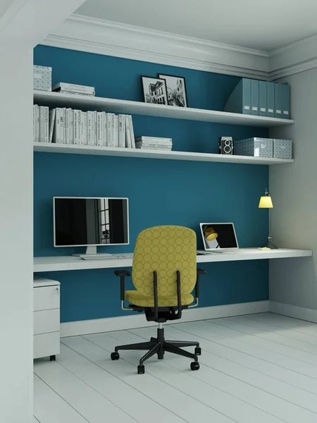 Moderna hem kontor med gul stol och blå vägg interiör design 3d-Rendering — Stockfoto