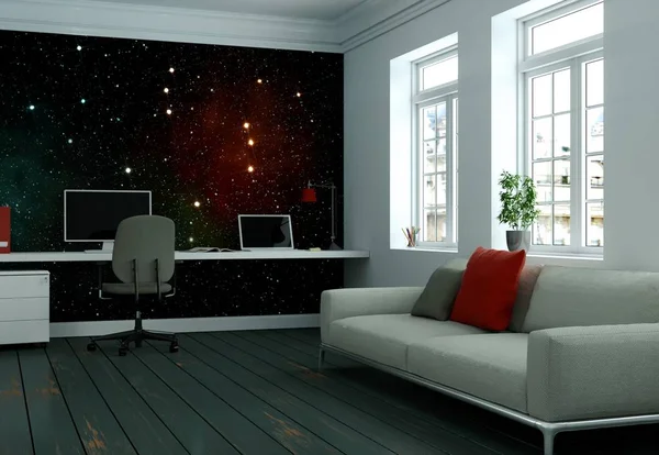 Escritório moderno em casa branco com sofá design de interiores 3D Rendering — Fotografia de Stock