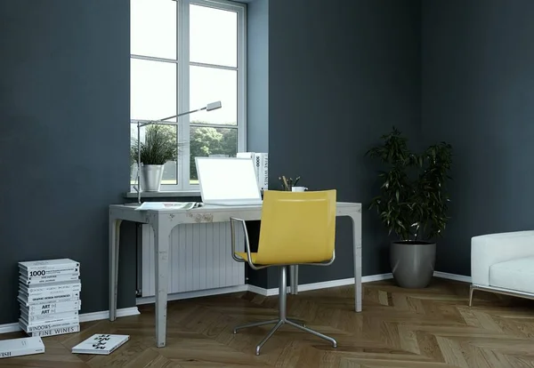 Винтажный темный дизайн интерьера домашнего офиса 3d Рендеринг — стоковое фото