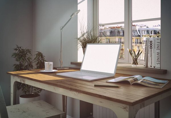 Modern white home office interior design 3d Rendering