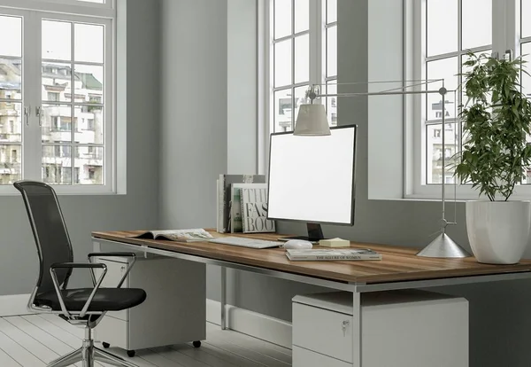 Modern beyaz ev ofis iç tasarım 3d render — Stok fotoğraf