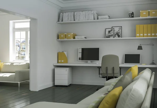 Moderno bianco giallo home office con divano interior design 3d Rendering — Foto Stock