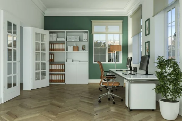 Σύγχρονη λευκό γραφείο στο σπίτι εσωτερικό σχεδιασμό 3d Rendering — Φωτογραφία Αρχείου
