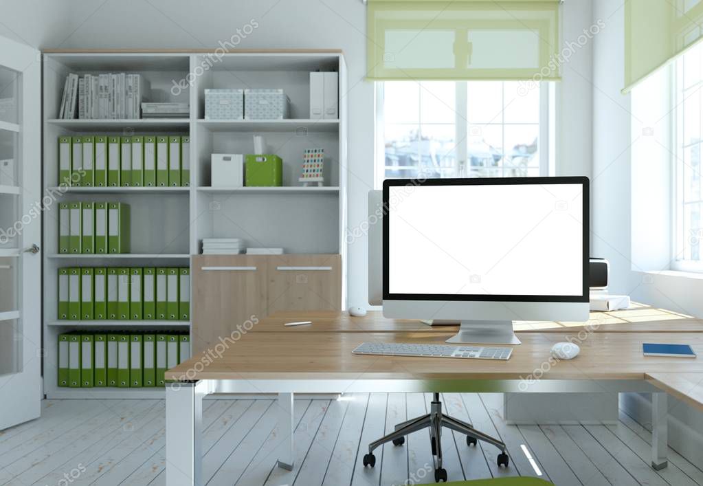 Modern white home office interior design 3d Rendering