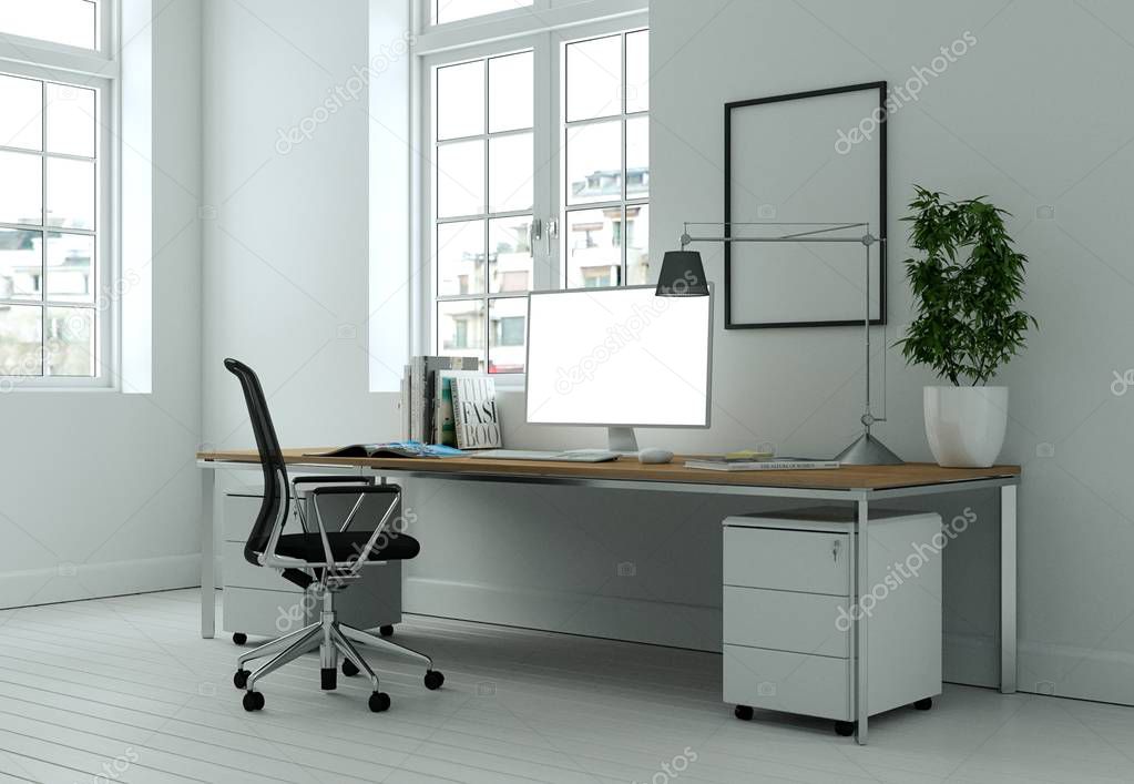 Modern white home office interior design 3d Rendering