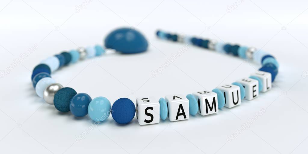 A blue pacifier chain for boys with name Samuel