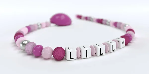 A pink pacifier chain for girls with name Lilly — Stock Photo, Image