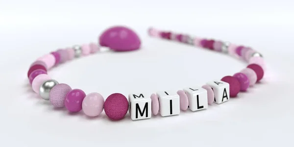 一个粉红色的奶嘴链为女孩的名字 Mila — 图库照片