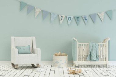 Modern kreş ile dekore edilmiş bayraklı adı joel