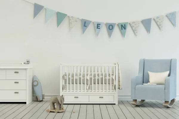 Moderne Kinderstube mit geschmückten Fahnen mit Namen leon — Stockfoto