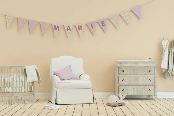 Moderne Kinderstube mit geschmückten Fahnen mit Namen marie — Stockfoto