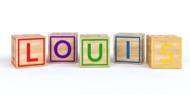 İzole ahşap oyuncak küpleri adı Louis ile harfler ile