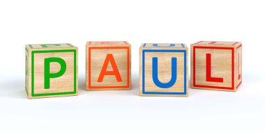 İzole ahşap oyuncak küpleri ile harfler ile paul adı