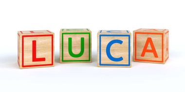 İzole ahşap oyuncak küpleri adı luca ile harfler ile