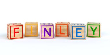 İzole ahşap oyuncak küpleri adı finley ile harfler ile