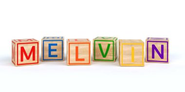 Isolated wooden toy cubes with letters with name melvin