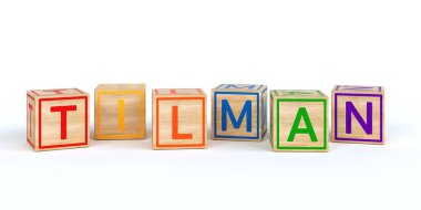 İzole ahşap oyuncak küpleri adı tilman harflerle ile