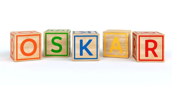 Cubos de brinquedo de madeira isolados com letras com nome oskar — Fotografia de Stock