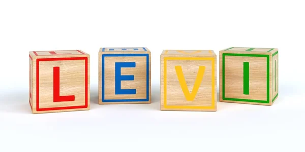 Cubos de brinquedo de madeira isolados com letras com nome levi — Fotografia de Stock