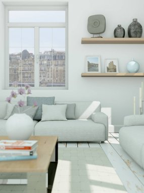 Modern skandinavian iç tasarım oturma odasında beyaz stili