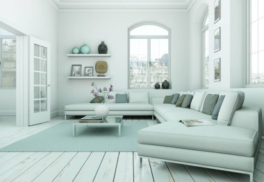 Modern skandinavian iç tasarım oturma odasında beyaz stil 3d çizim