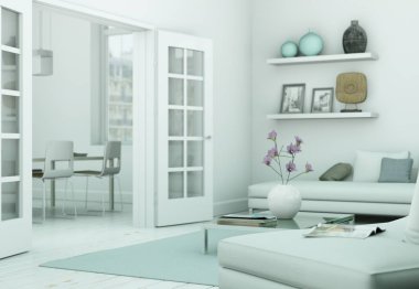 Modern skandinavian iç tasarım oturma odasında beyaz stili