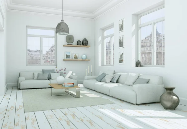 Moderno salotto di design interno skandinavian in stile bianco — Foto Stock