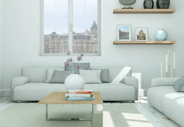 Moderne Skandinavische interieur woonkamer in witte stijl — Stockfoto