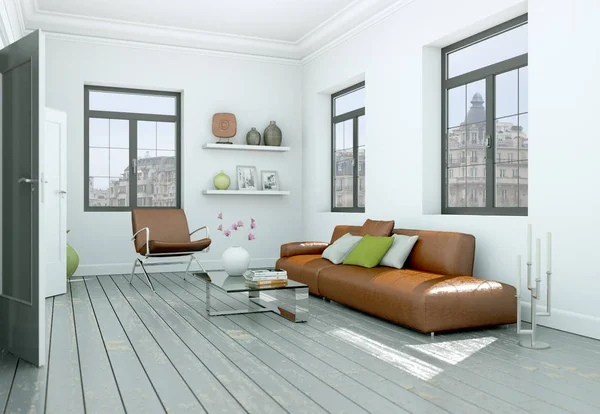 Moderno skandinavian interior design sala de estar com sofá de couro — Fotografia de Stock