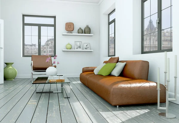 Modern skandinavian iç tasarım oturma odası broun deri kanepe