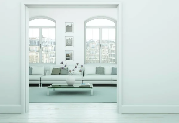 Moderne Skandinavische interieur woonkamer in witte stijl — Stockfoto