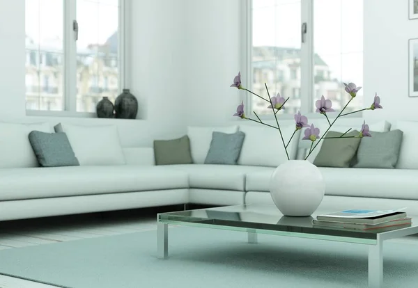 Moderno skandinavian interior design sala de estar em estilo branco — Fotografia de Stock