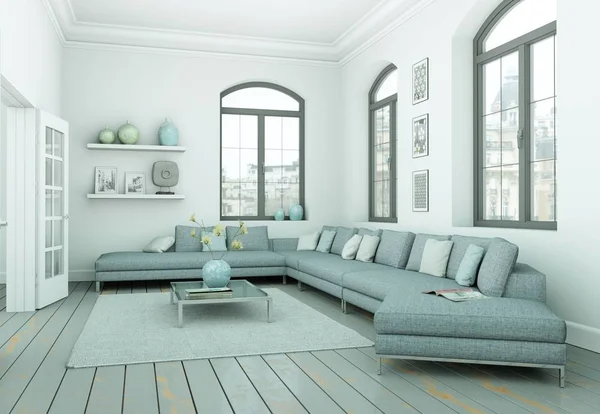 Moderna sala de estar de diseño interior skandinavian en estilo blanco — Foto de Stock