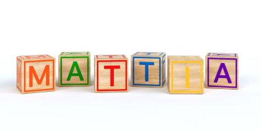 İzole ahşap oyuncak küpleri adı mattia harflerle ile
