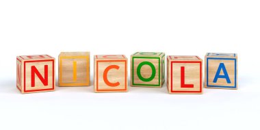 İzole ahşap oyuncak küpleri adı Sibel ile harf ile