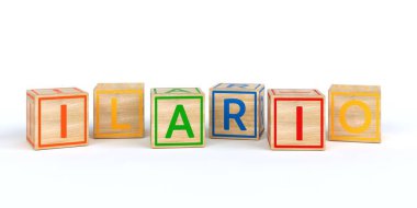 İzole ahşap oyuncak küpleri adı IIario harflerle ile