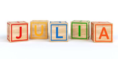 İzole ahşap oyuncak küpleri adı Louis ile harfler ile