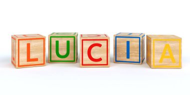 İzole ahşap oyuncak küpleri adı Louis ile harfler ile