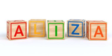 İzole ahşap oyuncak küpleri adı Louis ile harfler ile