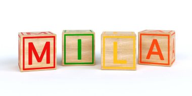 Isolated wooden toy cubes with letters with name Louis