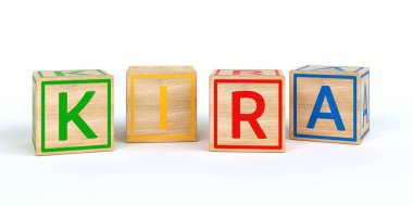 İzole ahşap oyuncak küpleri adı Louis ile harfler ile