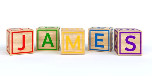Cubos de brinquedo de madeira isolados com letras com nome james — Fotografia de Stock