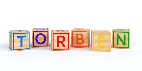 Cubos de brinquedo de madeira isolados com letras com nome torben — Fotografia de Stock