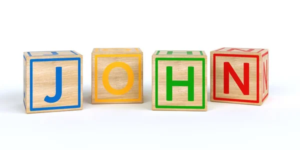 Cubos de brinquedo de madeira isolados com letras com nome john — Fotografia de Stock