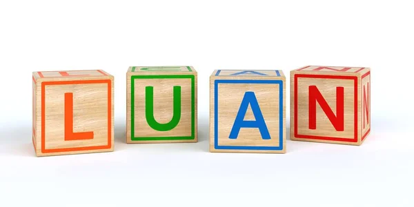 Cubos de brinquedo de madeira isolados com letras com nome luan — Fotografia de Stock