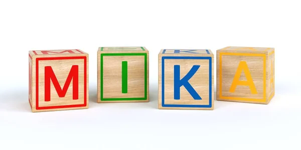 Geïsoleerde houten speelgoed kubussen met letters met naam mika — Stockfoto