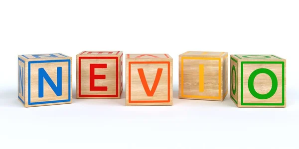 Cubos de brinquedo de madeira isolados com letras com nome nevio — Fotografia de Stock