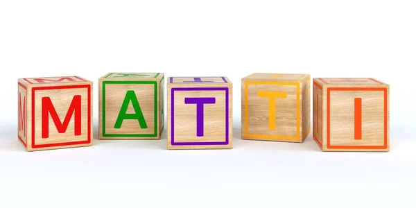 Cubos de brinquedo de madeira isolados com letras com nome matti — Fotografia de Stock