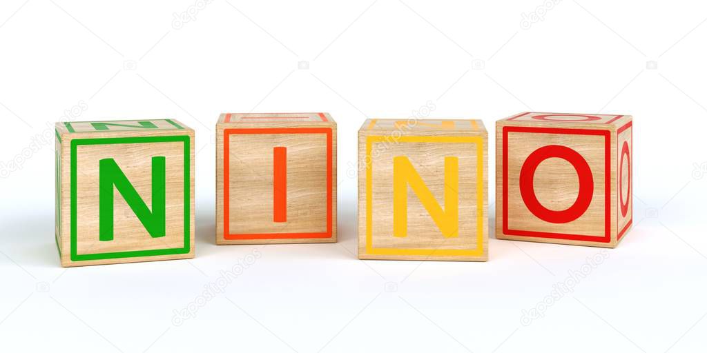 Isolated wooden toy cubes with letters with name nino